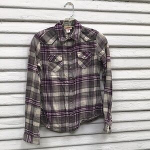 Mossimo Supply Co purple/grey scale plaid flannel pearl snap western shirt XS